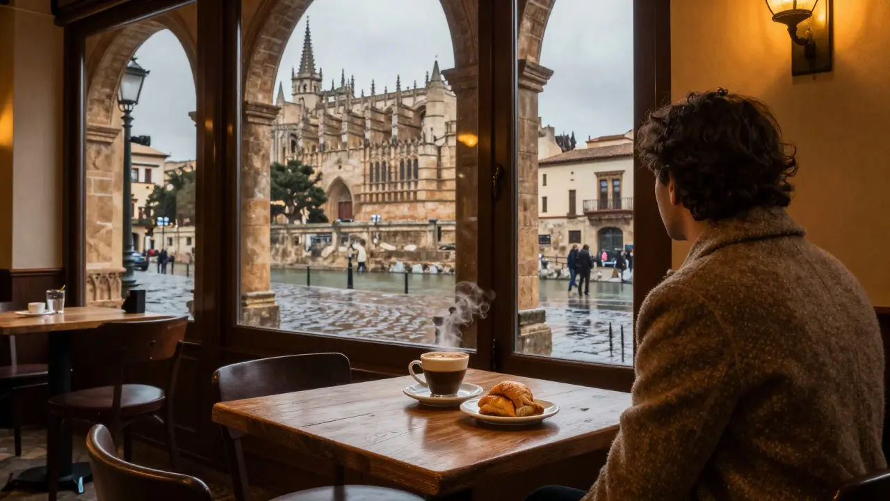 Interior acogedor de un café en Palma con ensaïmada y vista a la catedral