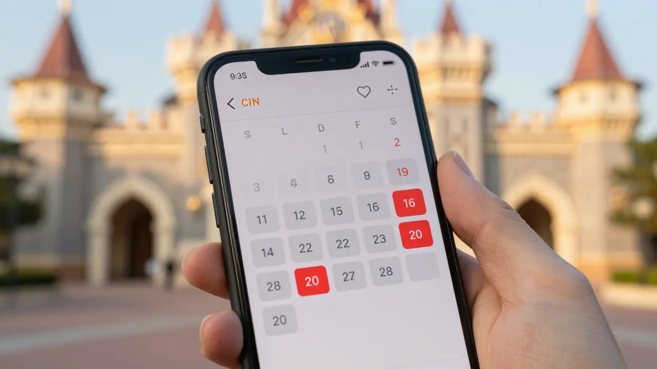 Mano sosteniendo móvil con app del parque mostrando días no válidos para el bono