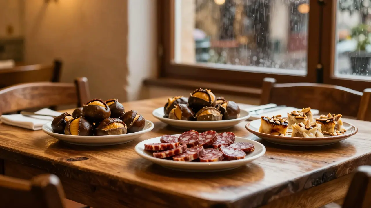 Mesa con gastronomía mallorquina tradicional como sobrasada y castañas en un restaurante acogedor.