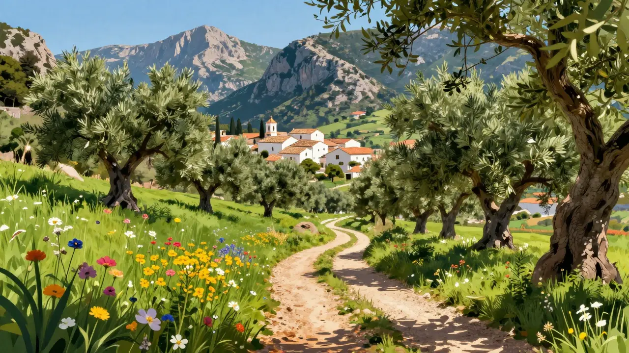 Paisaje verde de montaña en Mallorca con pueblo tradicional y flores silvestres
