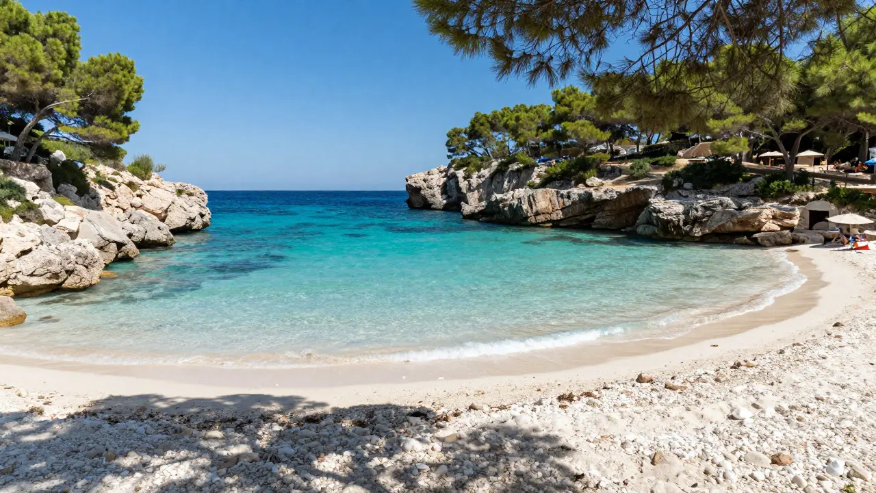 Playa tranquila con aguas turquesas cristalinas y arena blanca en Mallorca