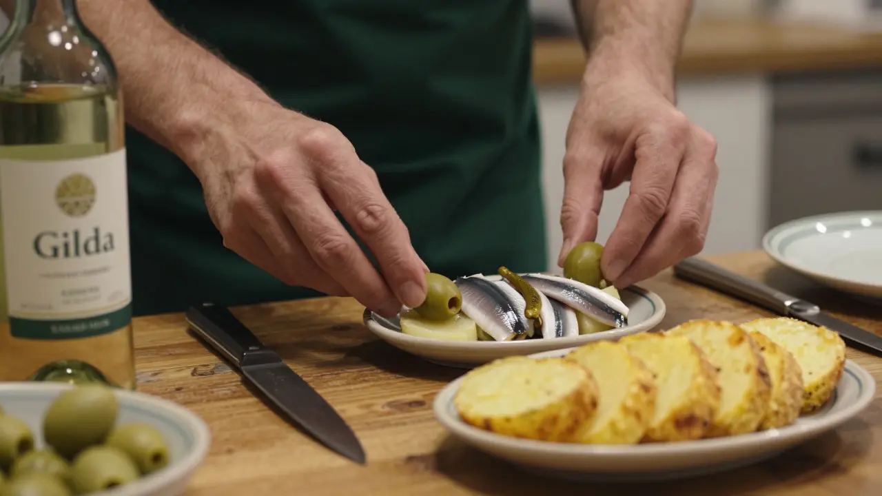 Preparación detallada de pintxos vascos y tortilla de patatas en un taller