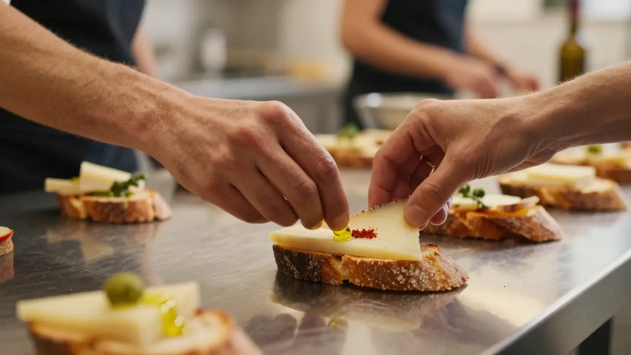 Primer plano de manos preparando pintxos tradicionales con queso y pan tostado en una clase de cocina recreativa.