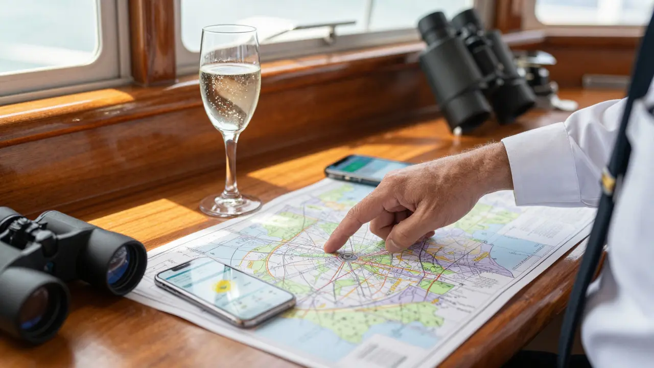 Primer plano de un capitán navegando con cartas marinas y vino en la cubierta del yate