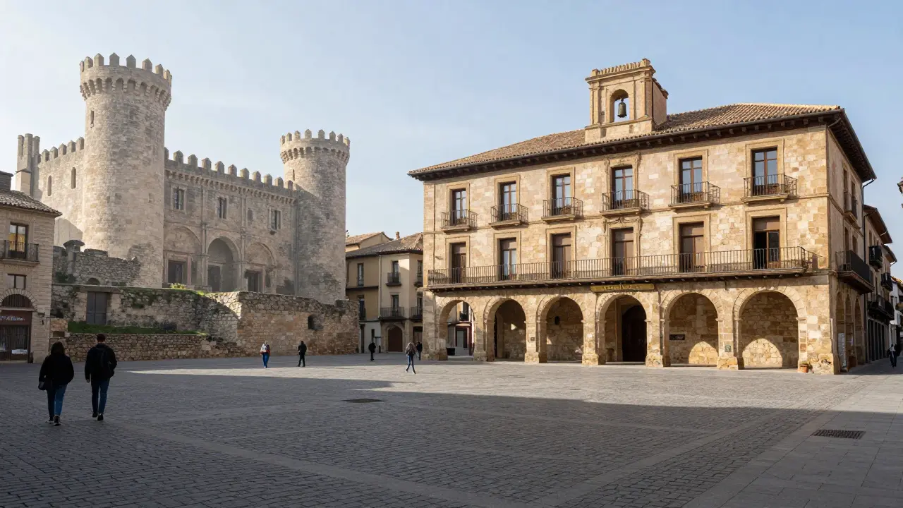 Restos de la fortaleza integrados en el edificio del ayuntamiento en Plaza de España