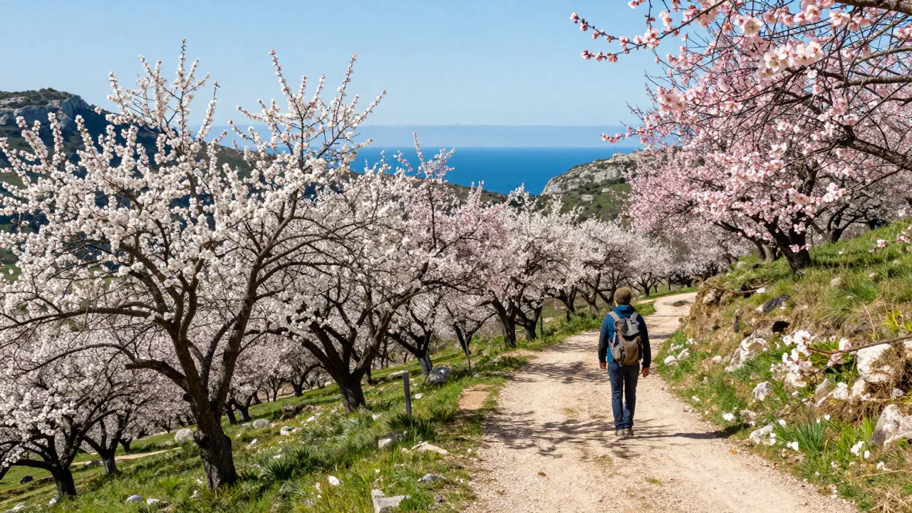Senderista entre almendros en flor en la Serra de Tramuntana en primavera