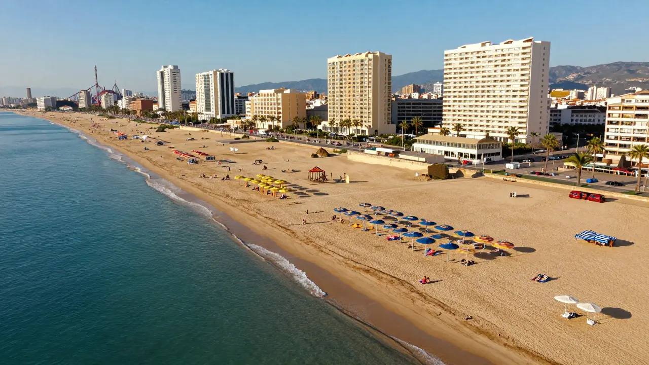 Vista aérea de extensas playas doradas y resorts turísticos en la Costa Dorada