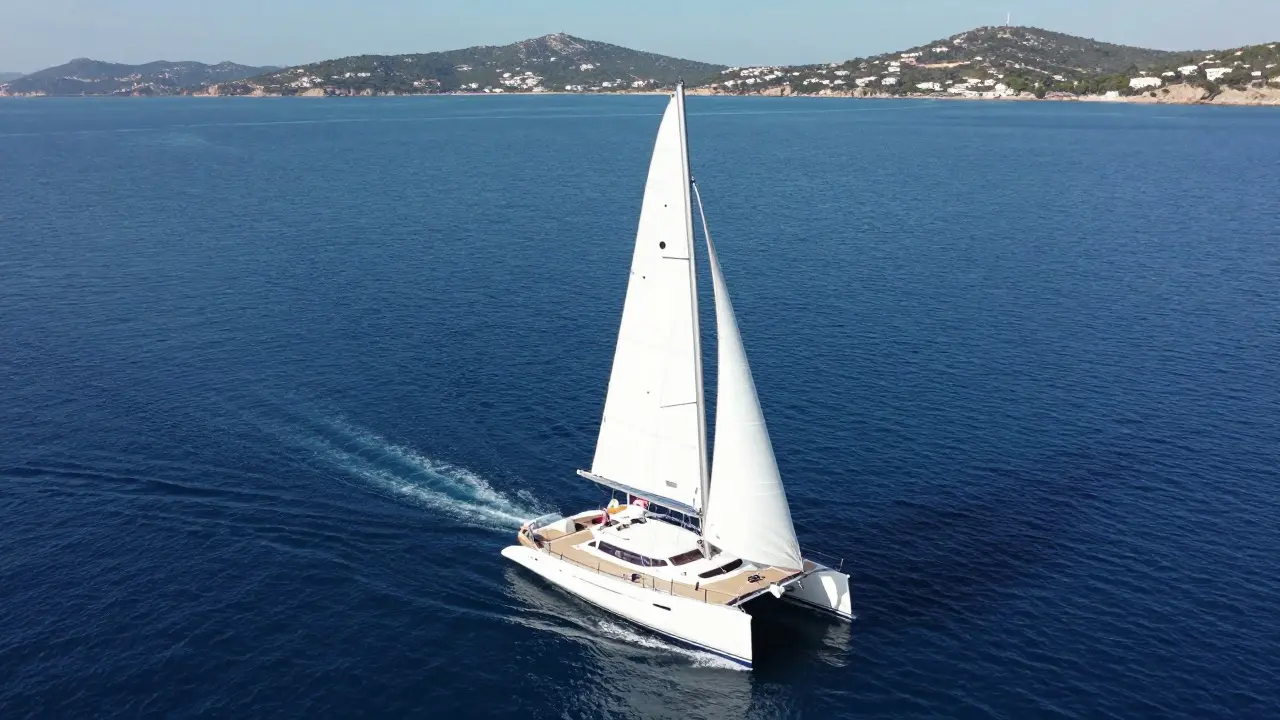 Vista aérea de un catamarán blanco navegando por el mar Mediterráneo cerca de Ibiza
