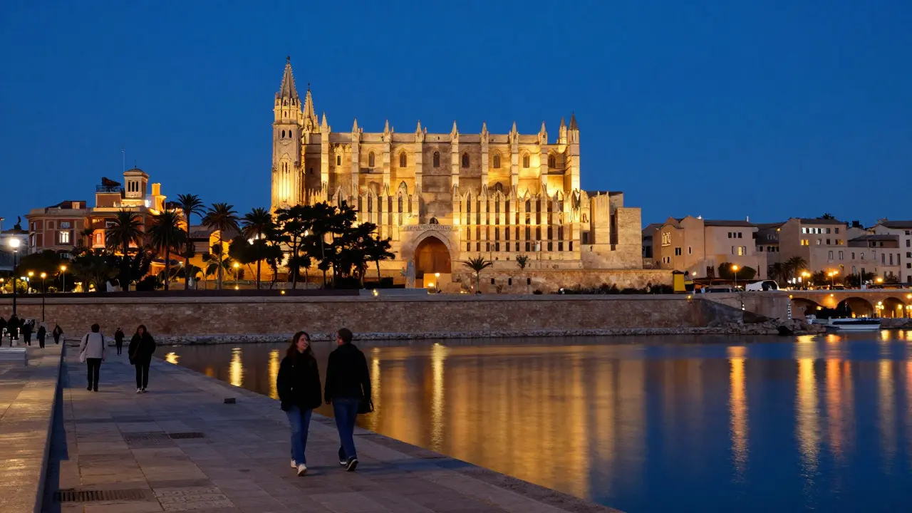 Vista nocturna del Paseo Marítimo y la Catedral La Seu en Palma de Mallorca