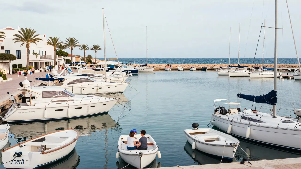 Vista tranquila del puerto de Santa Eulària des Riu con barcos amarrados