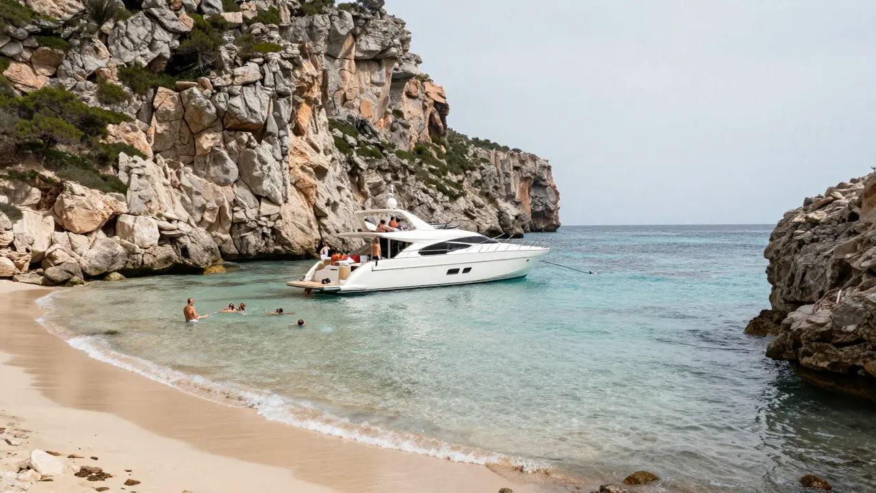 Yate ancorado en una cala escondida y tranquila de las Islas Baleares rodeada de rocas