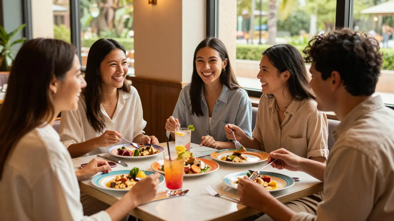 Amigos comiendo relajados en un restaurante temático del parque