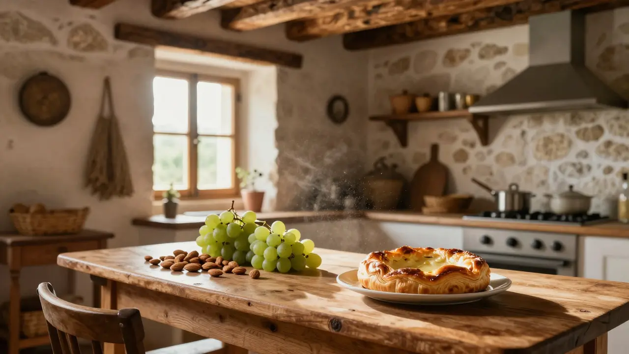 Cocina rústica mallorquina con productos locales como almendras y ensaimada