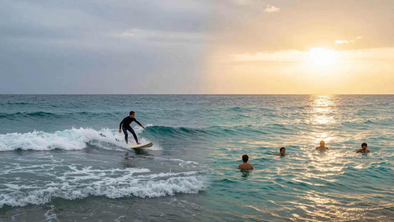 Contraste entre surf invernal y baño estival en Mallorca