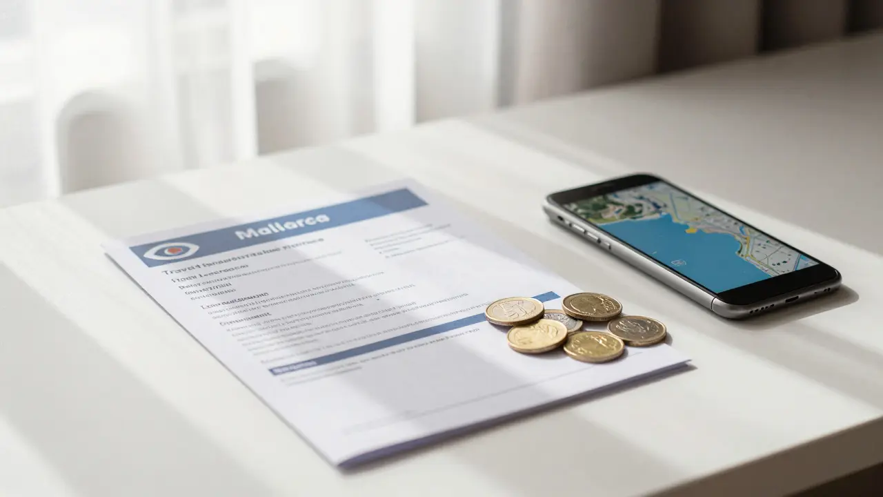 Documentos de seguro y monedas en la mesa de una habitación de hotel
