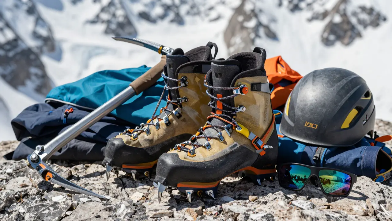 Equipo de escalada: botas rígidas, crampones y piolet sobre roca