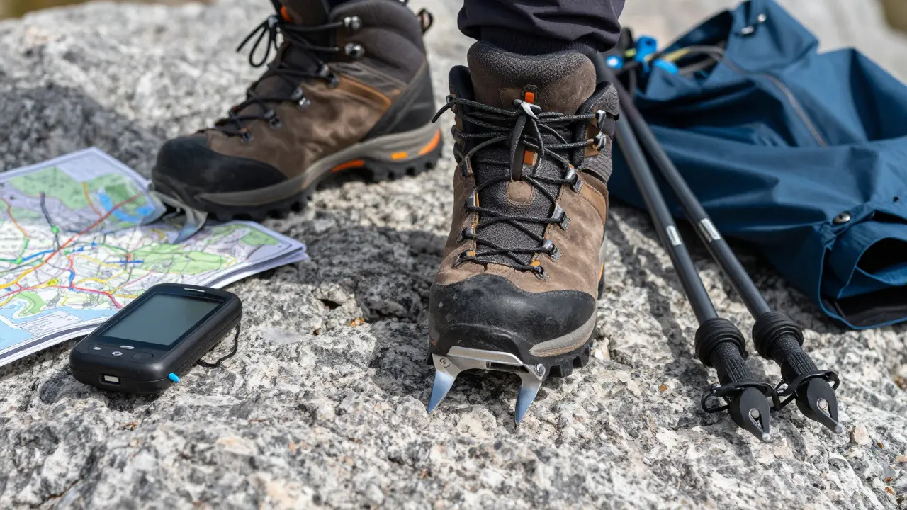 Equipo de escalada esencial: botas, crampones y mapa