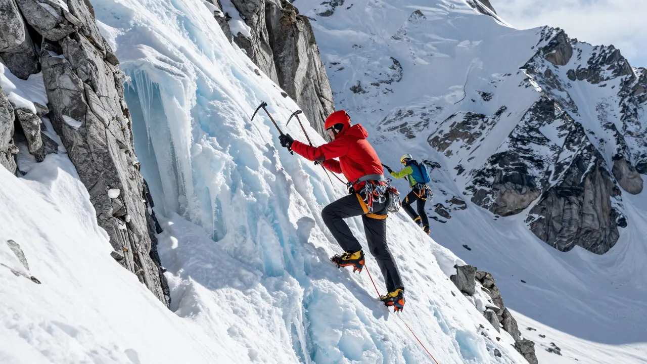 Escaladores ascendiendo una pendiente de hielo con arneses y cascos