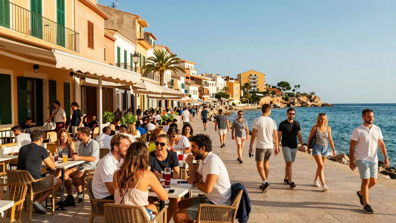 Escena vibrante de vida nocturna y turística en la costa este de Cala Ratjada