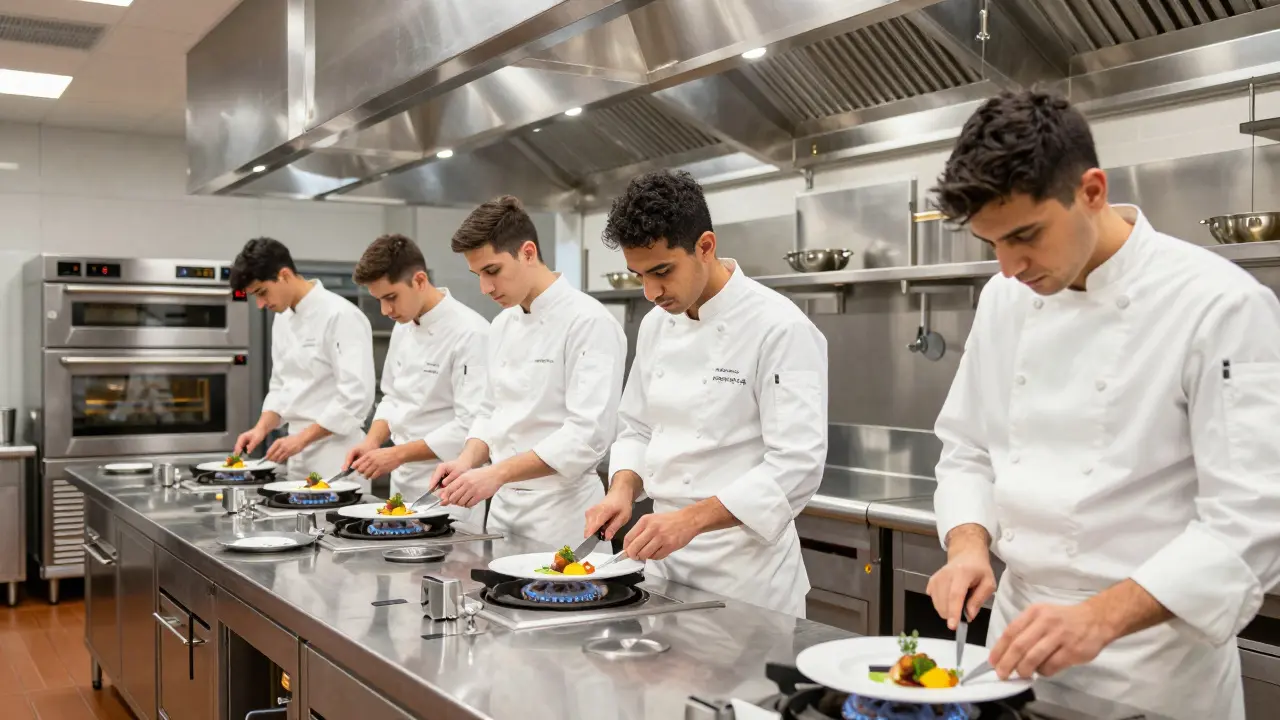 Estudiantes practicando en una cocina profesional moderna