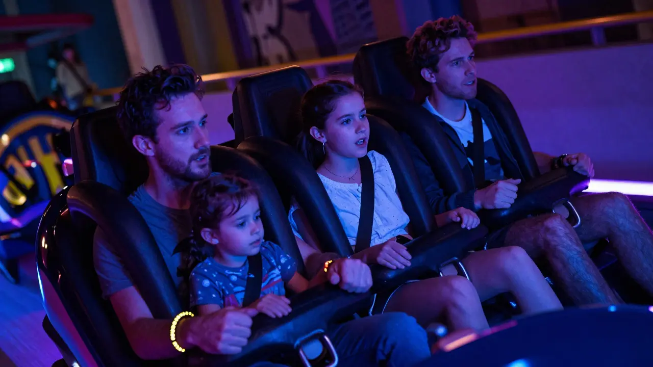 Familia disfrutando de la atracción Batman The Ride con iluminación neón