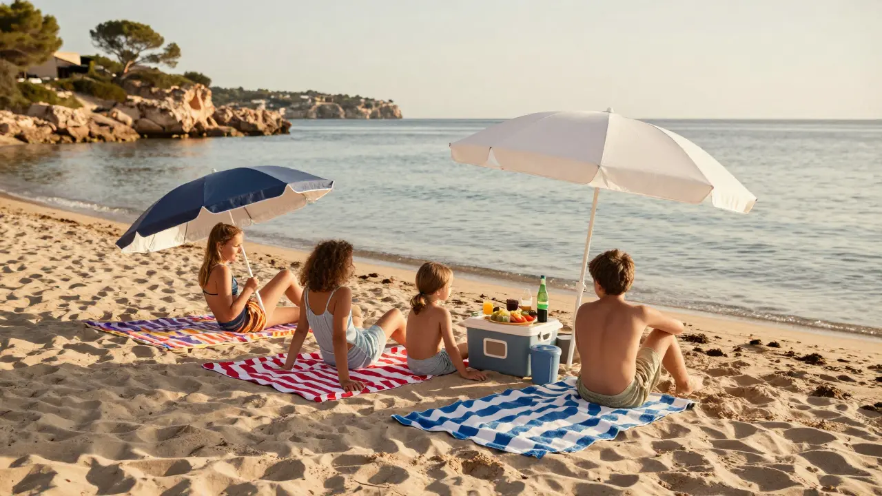 Familia disfrutando de la playa con sus propias toallas para ahorrar costes