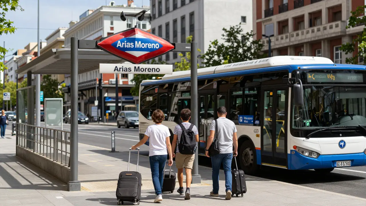 Familia esperando el autobús especial al Parque Warner en la estación de metro Arias Moreno