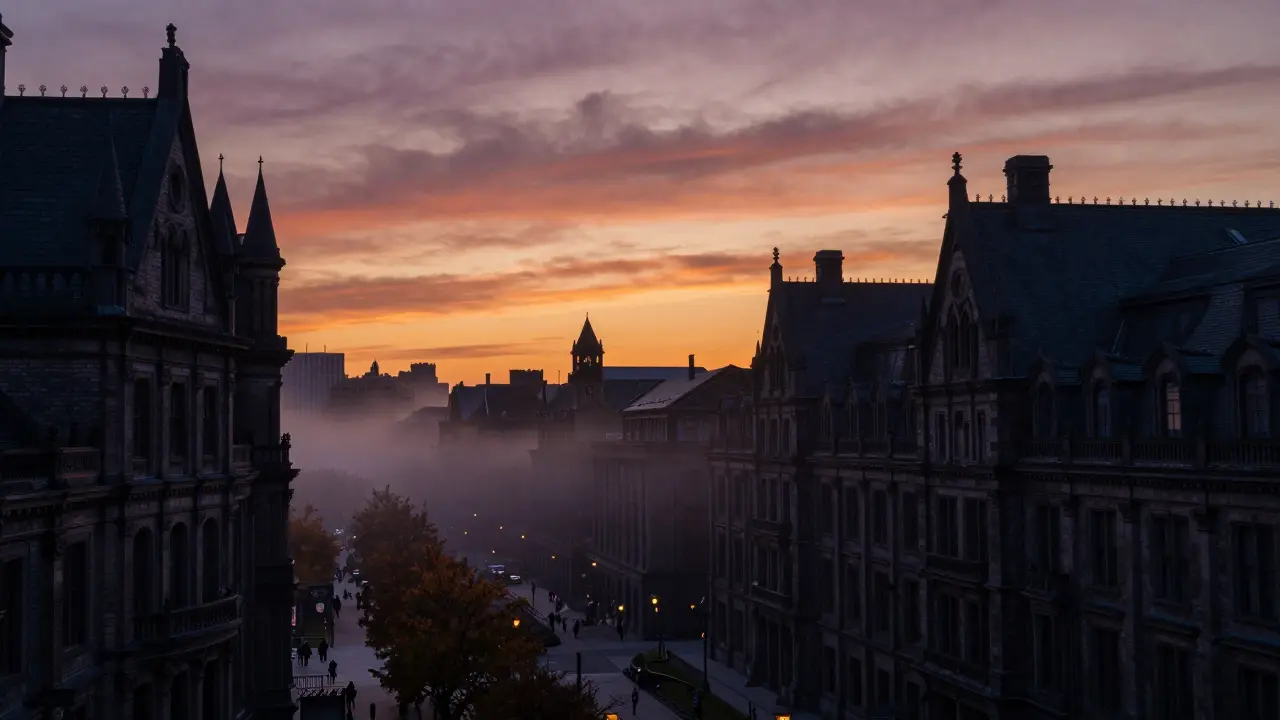 Gotham City al atardecer en otoño con luz cinematográfica