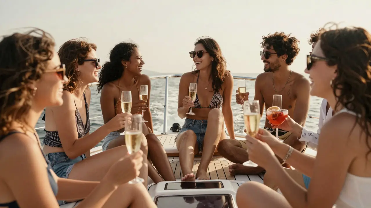 Grupo de amigos brindando y relajándose en la proa de un yate al atardecer