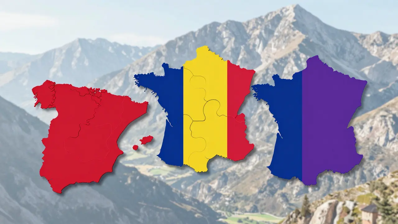 Ilustración artística del triángulo político entre España, Francia y Andorra