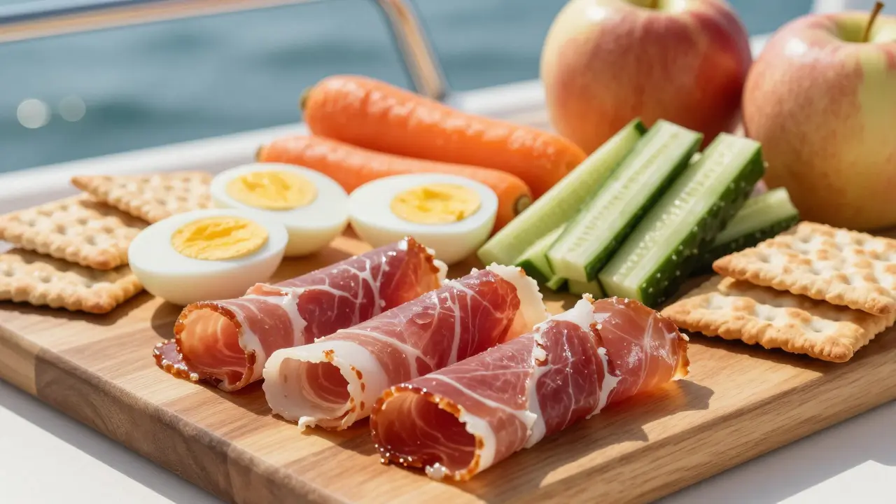 Ingredientes sólidos y seguros como jamón y huevos para picnic en barco
