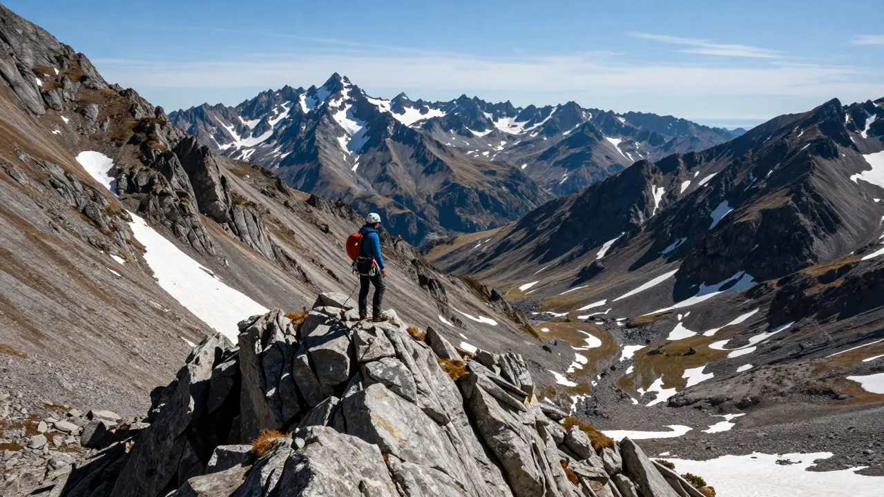 Lone climber on Pico Posets with a view of the surrounding Pyrenees