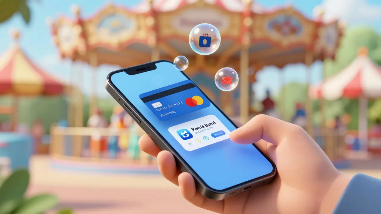 Mano sosteniendo un teléfono con iconos de bancos y descuentos flotando.