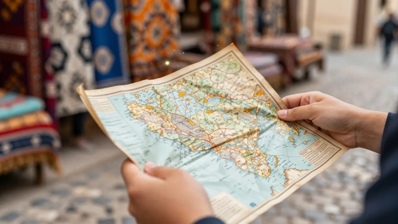 Manos sosteniendo un mapa que se desvanece en luz y texturas culturales