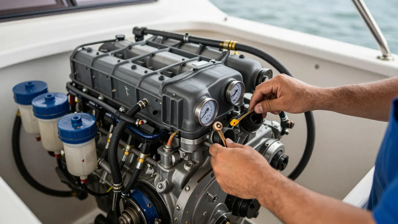 Mecánico reparando el motor diésel de un yate en la sala de máquinas