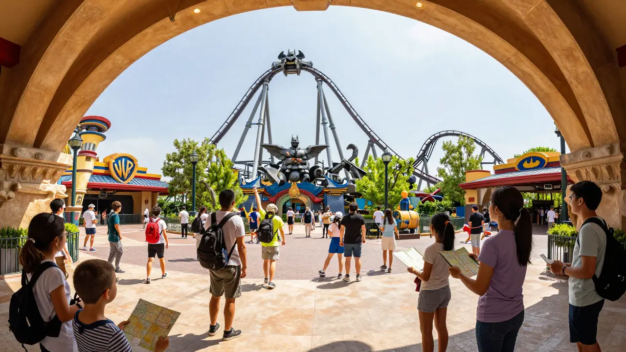 Multitud disfrutando de las atracciones temáticas dentro del Parque Warner Madrid en un día soleado