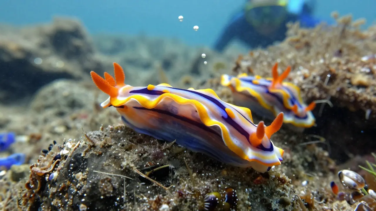 Nudibranquios coloridos sobre rocas en una cala protegida del Mediterráneo
