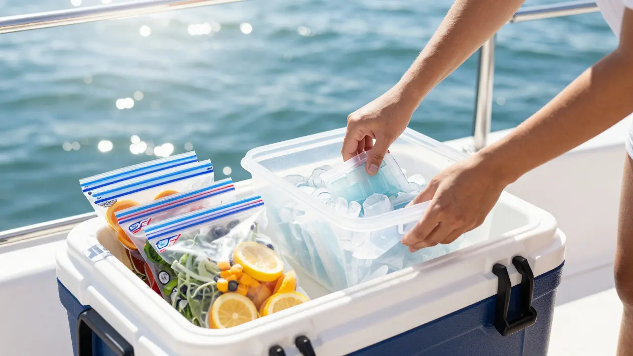 Organización ordenada de nevera portátil con hielos gel y bolsas herméticas