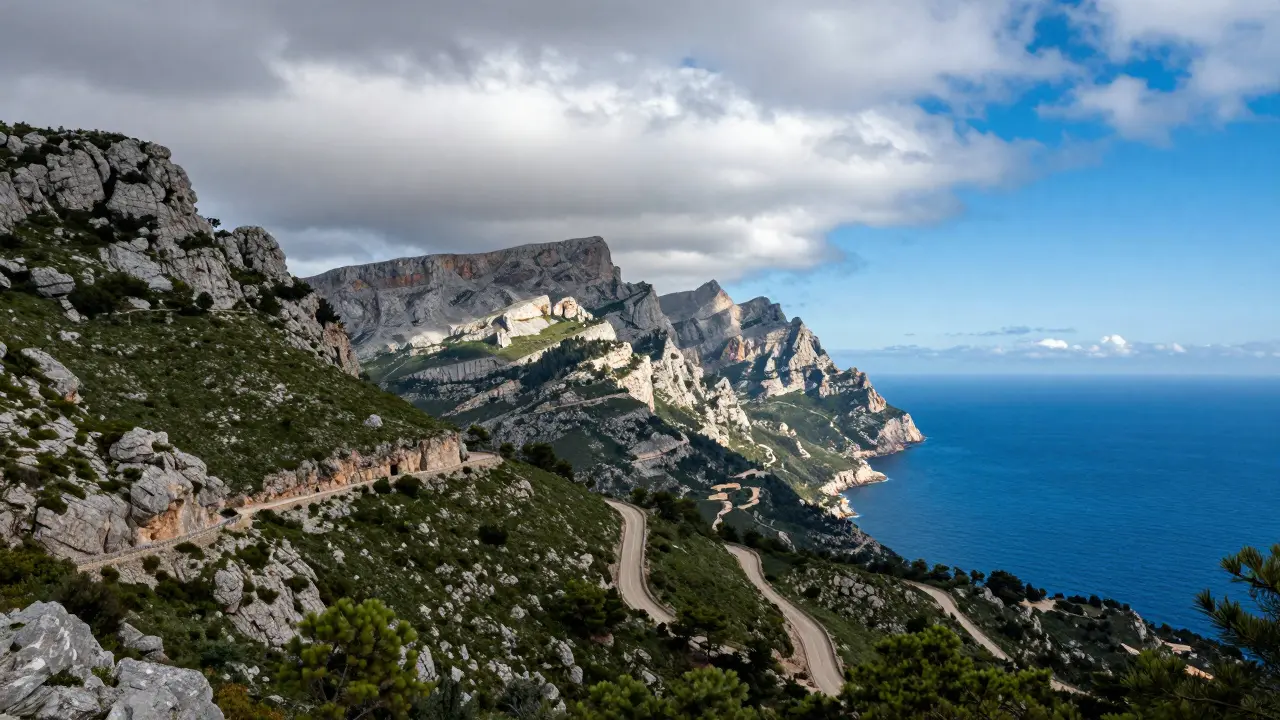Paisaje montañoso sereno de la Serra de Tramuntana sin turistas