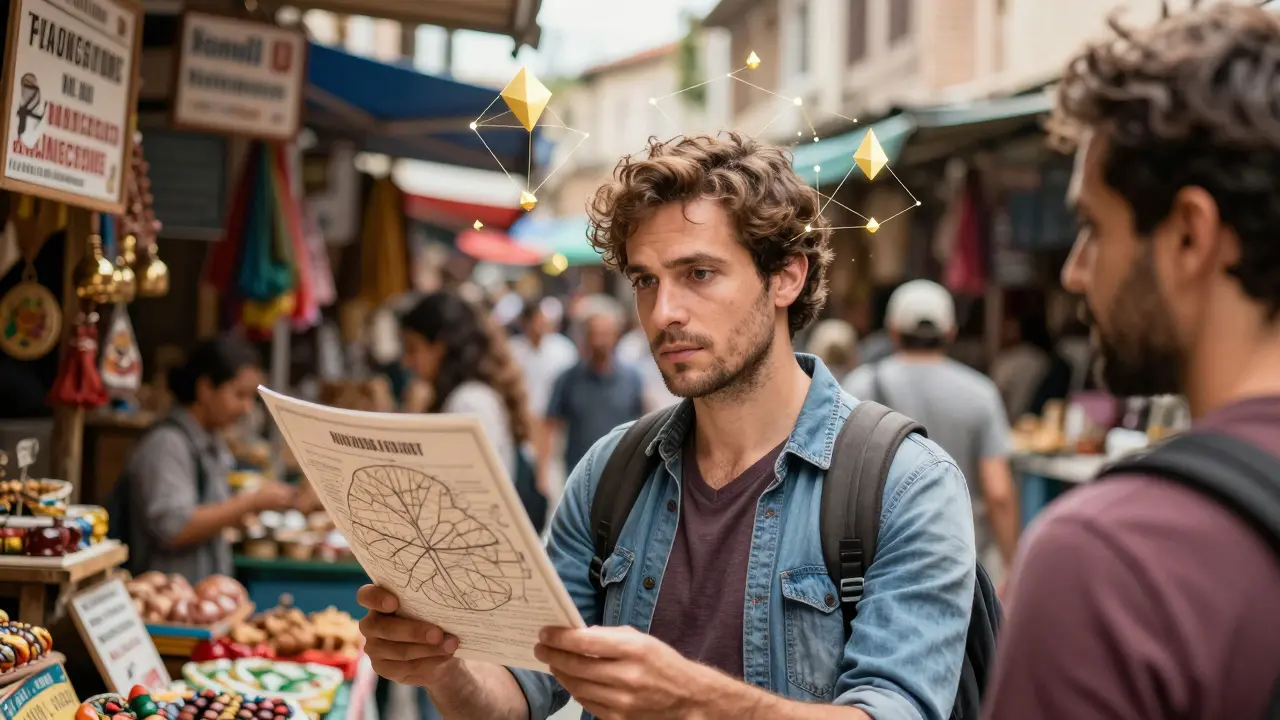 Persona explorando una calle extranjera con símbolos de neuroplasticidad
