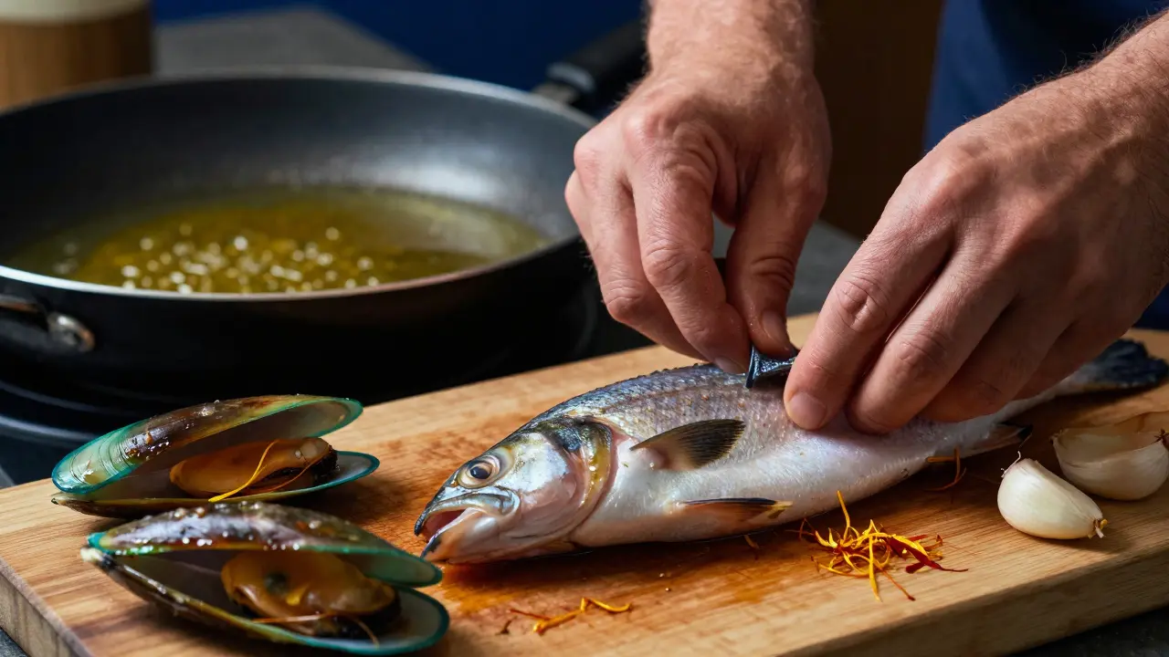 Primer plano de técnicas culinarias vascas con pescado fresco