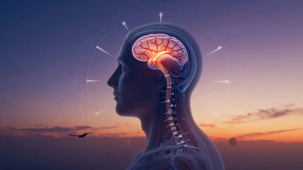 Silueta humana mostrando el reloj biológico interno y la producción de melatonina