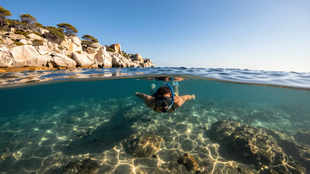 Snorkelista flotando en la superficie con acantilados blancos al fondo