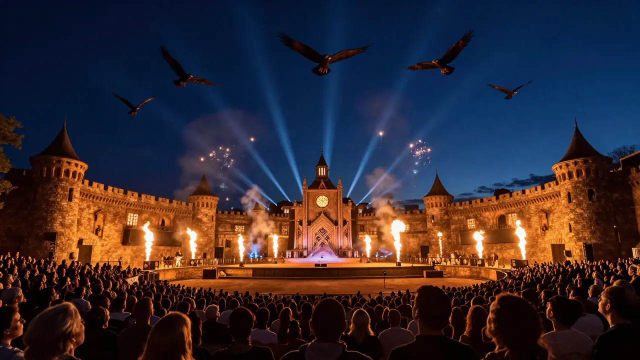 Spectacular night show with eagles and fire effects at Puy du Fou arena