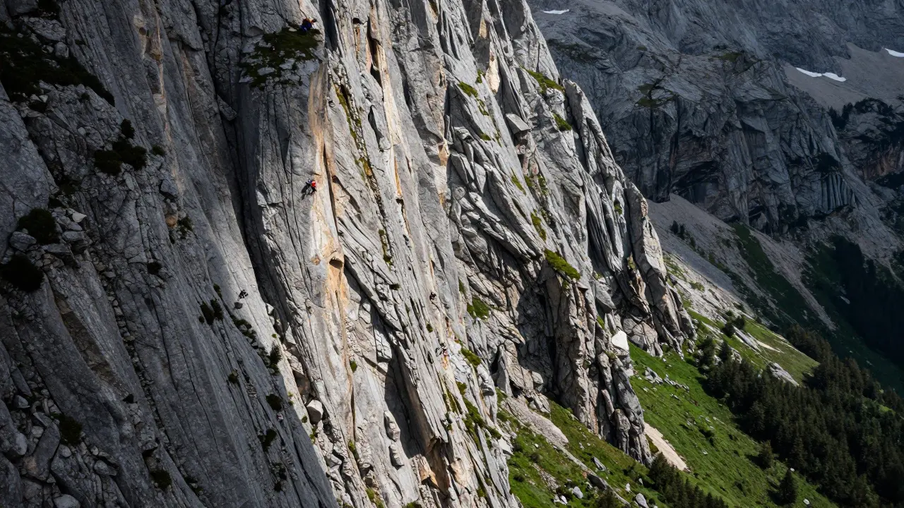 Steep vertical rock face of Monte Perdido with climbers scaling it