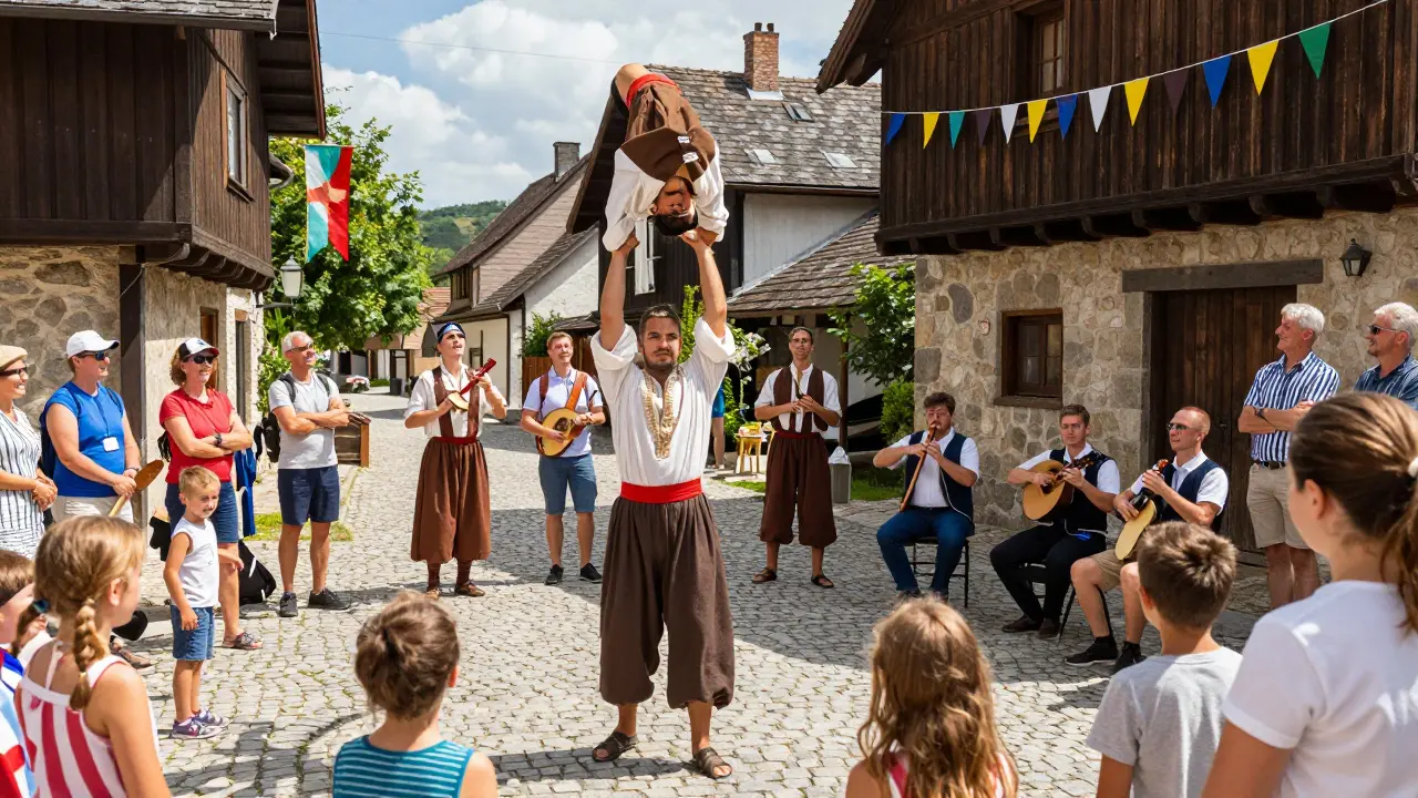 Street acrobats and musicians performing for crowds in the historical village