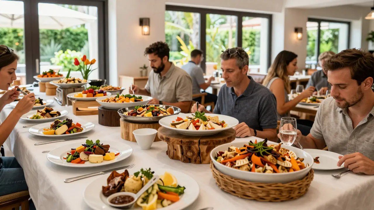 Abundante buffet de comida local e internacional en hotel de lujo