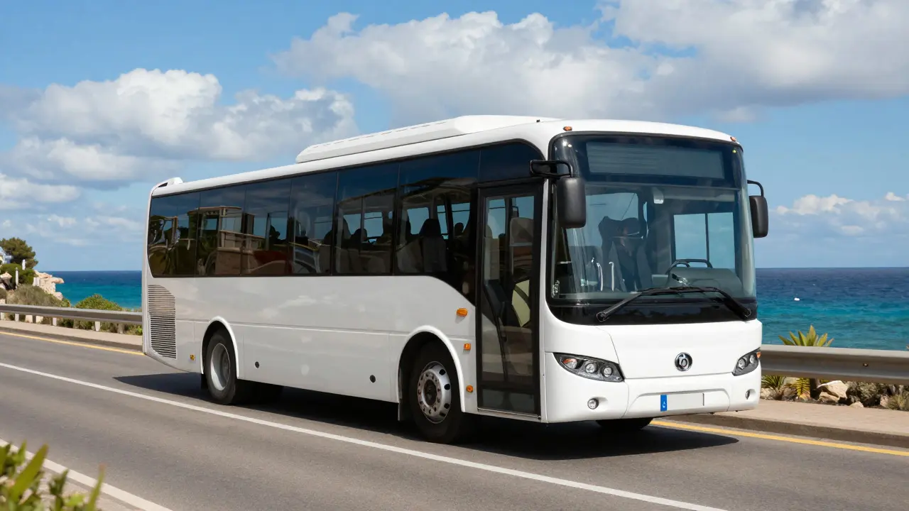 Autobús de transferencia en carretera costera soleada de Mallorca
