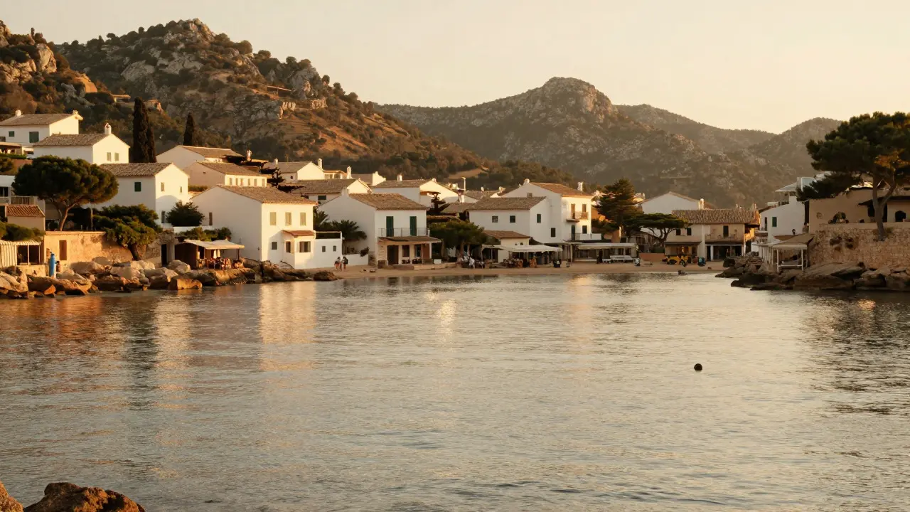 Bahía tranquila en Mallorca con luz dorada de otoño y pocos visitantes