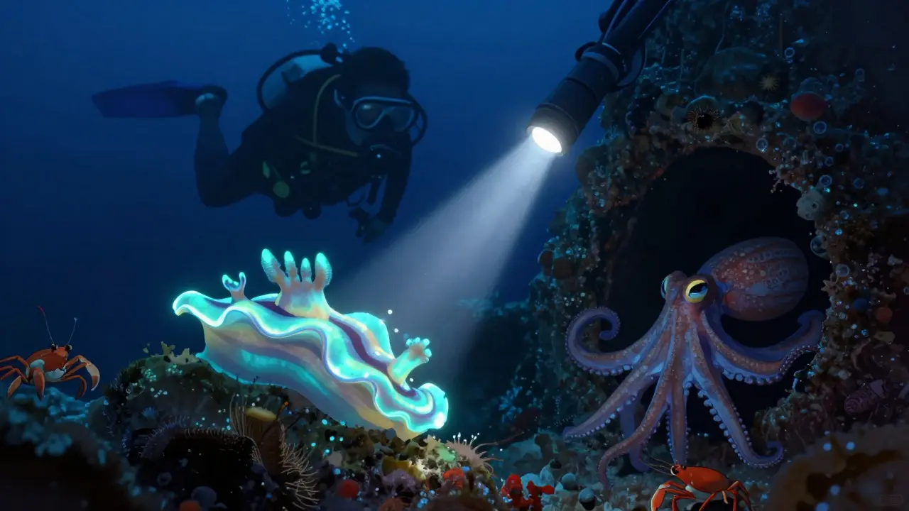 Buceo nocturno con linterna iluminando nudibranquios y pulpo